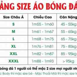 bảng size áo đá bóng châu á