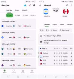 giao diện app lịch bóng đá copa america